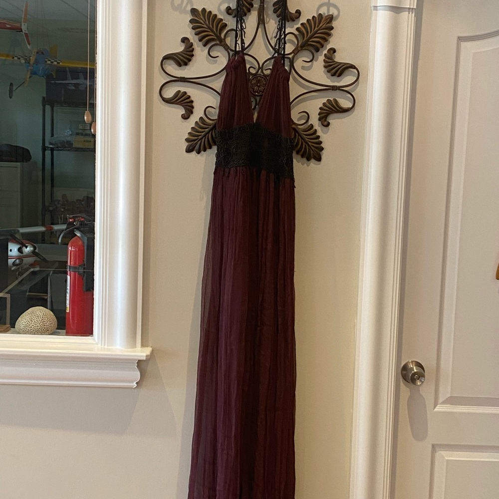 Elegant burgundy with handmade black beads dress